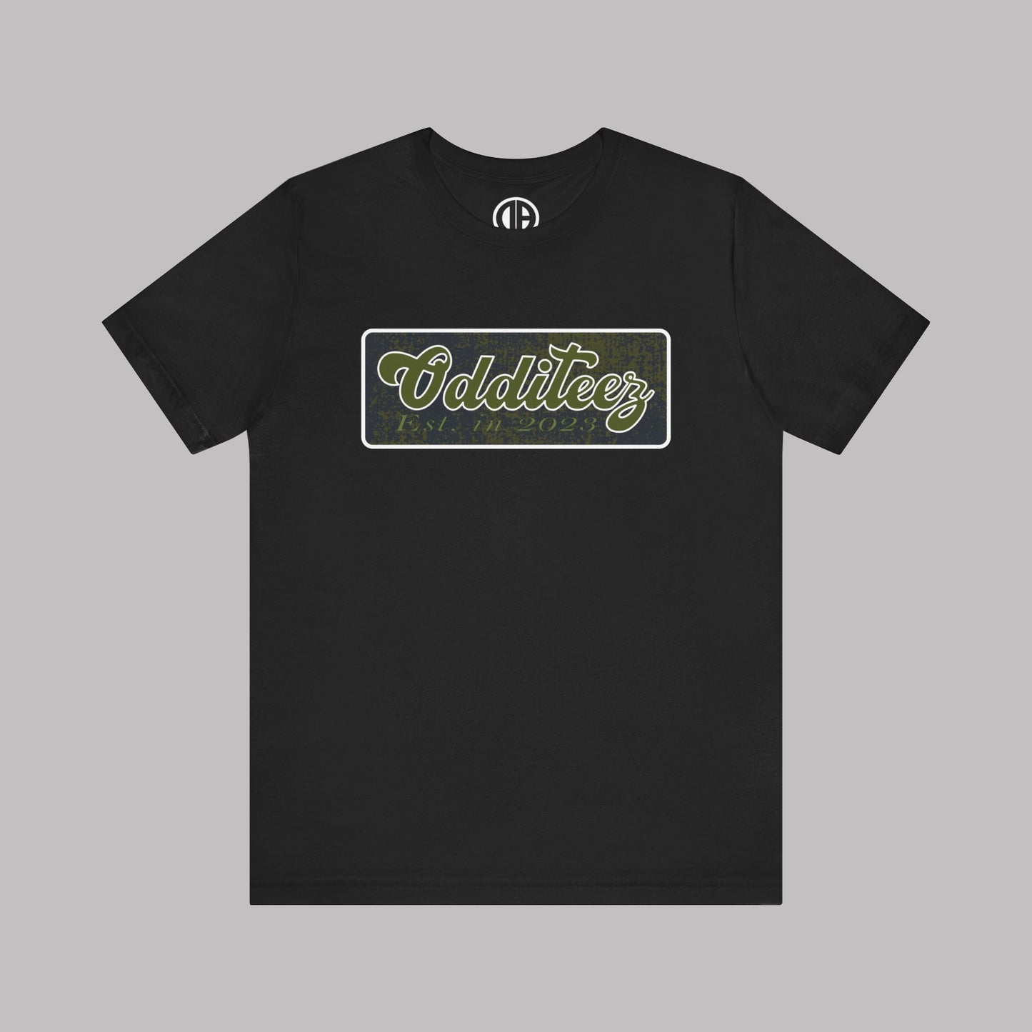 Vintage Military Green Odditeez Varsity Letters rectangular logo design, Unisex Adult Short-Sleeve Graphic Print T-Shirts