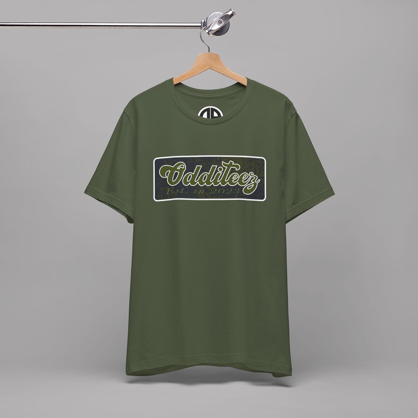 Vintage Military Green Odditeez Varsity Letters rectangular logo design, Unisex Adult Short-Sleeve Graphic Print T-Shirts