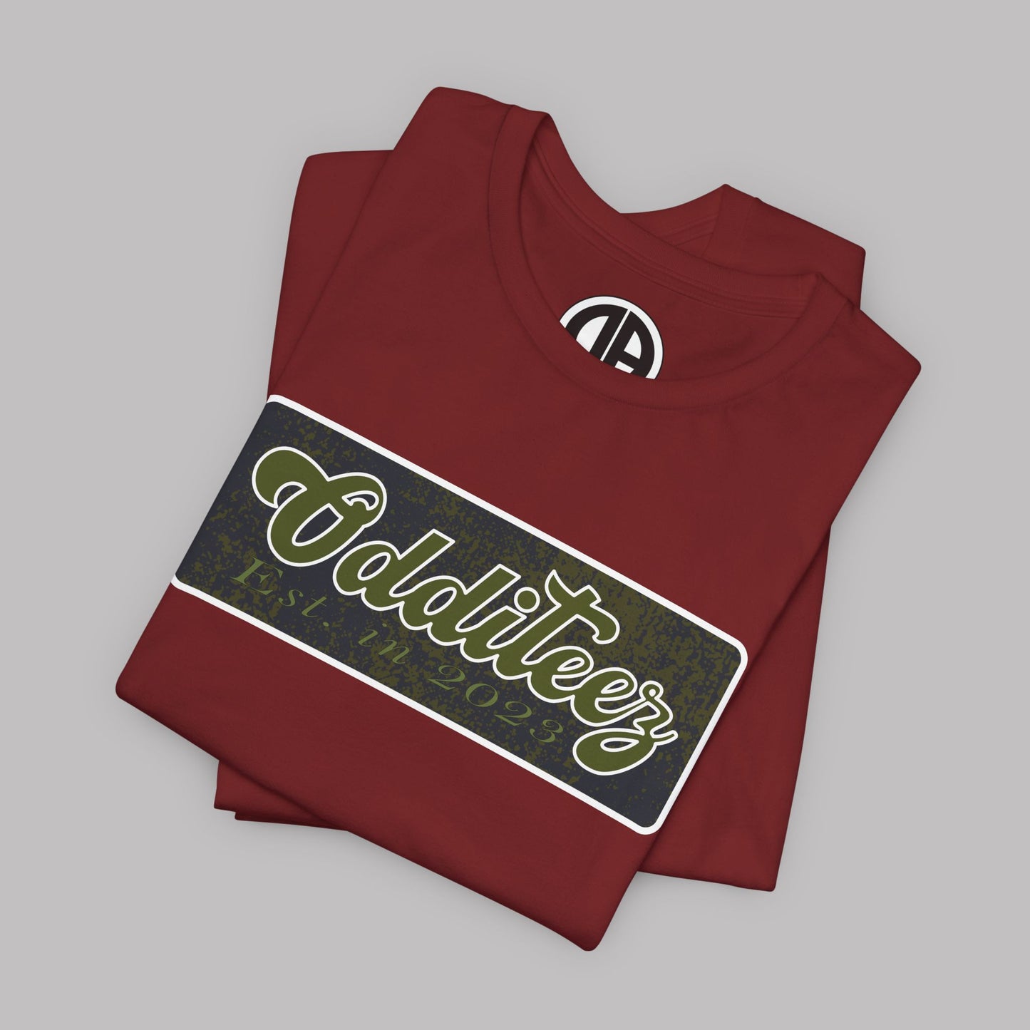 Vintage Military Green Odditeez Varsity Letters rectangular logo design, Unisex Adult Short-Sleeve Graphic Print T-Shirts