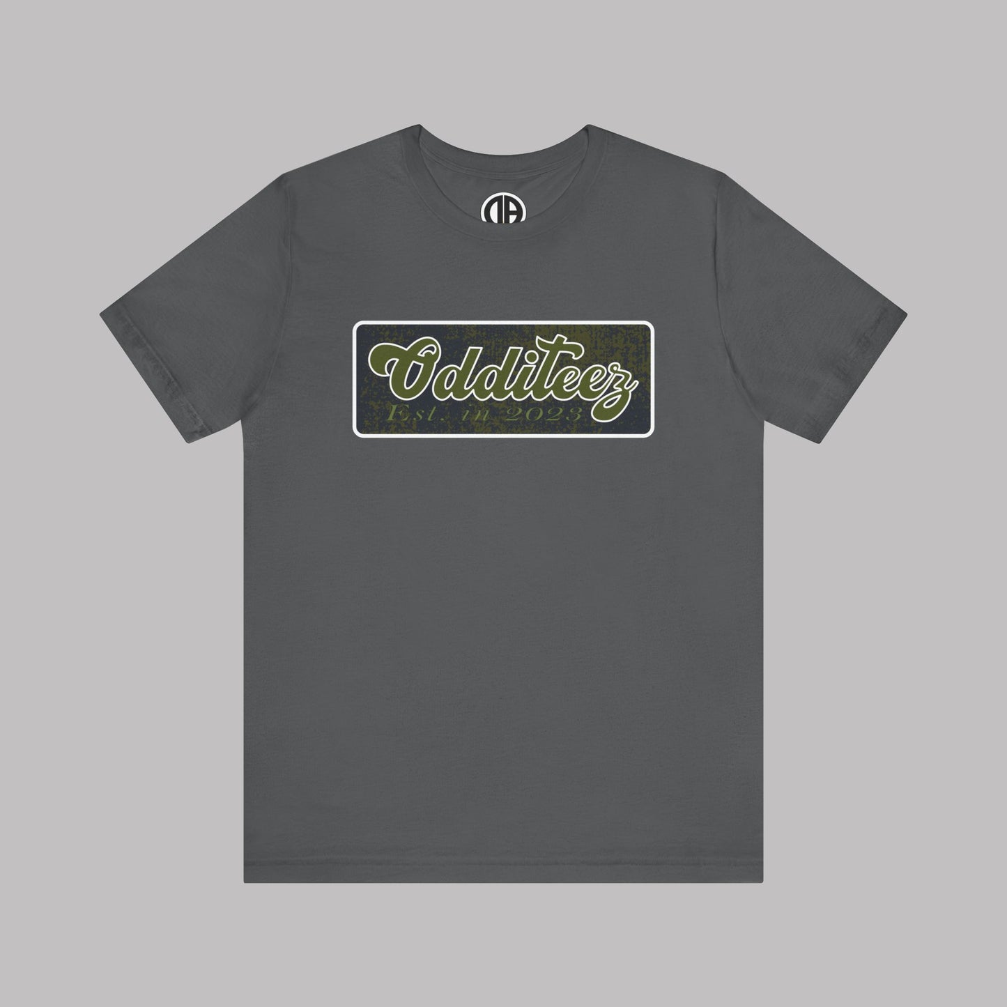 Vintage Military Green Odditeez Varsity Letters rectangular logo design, Unisex Adult Short-Sleeve Graphic Print T-Shirts