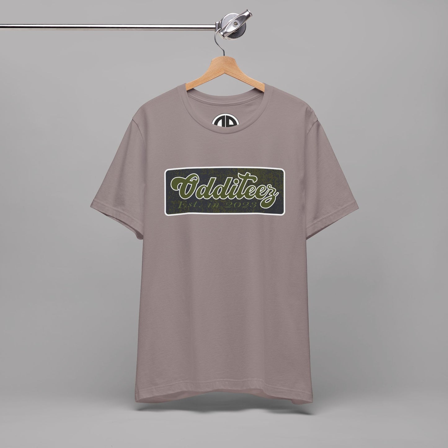 Vintage Military Green Odditeez Varsity Letters rectangular logo design, Unisex Adult Short-Sleeve Graphic Print T-Shirts