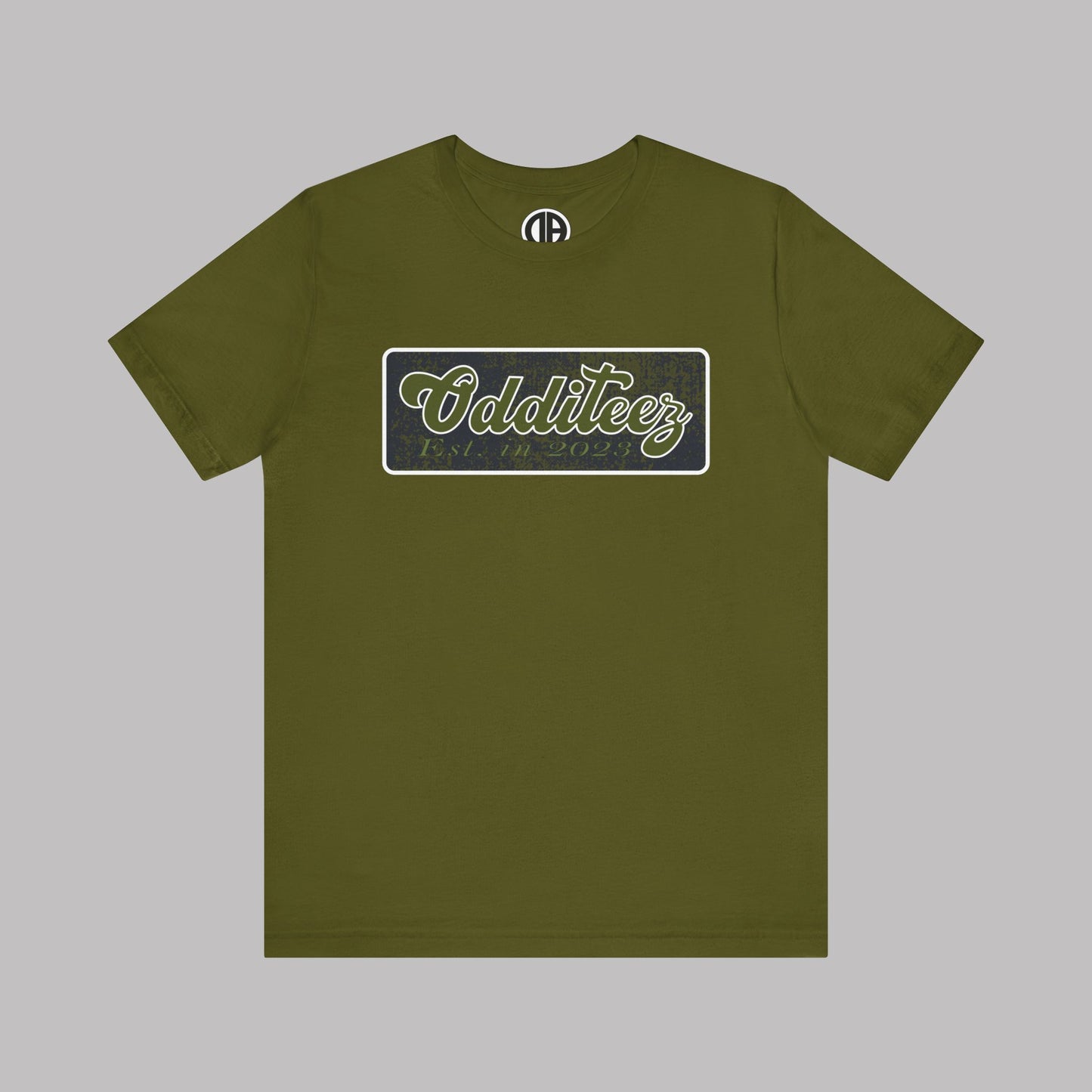 Vintage Military Green Odditeez Varsity Letters rectangular logo design, Unisex Adult Short-Sleeve Graphic Print T-Shirts