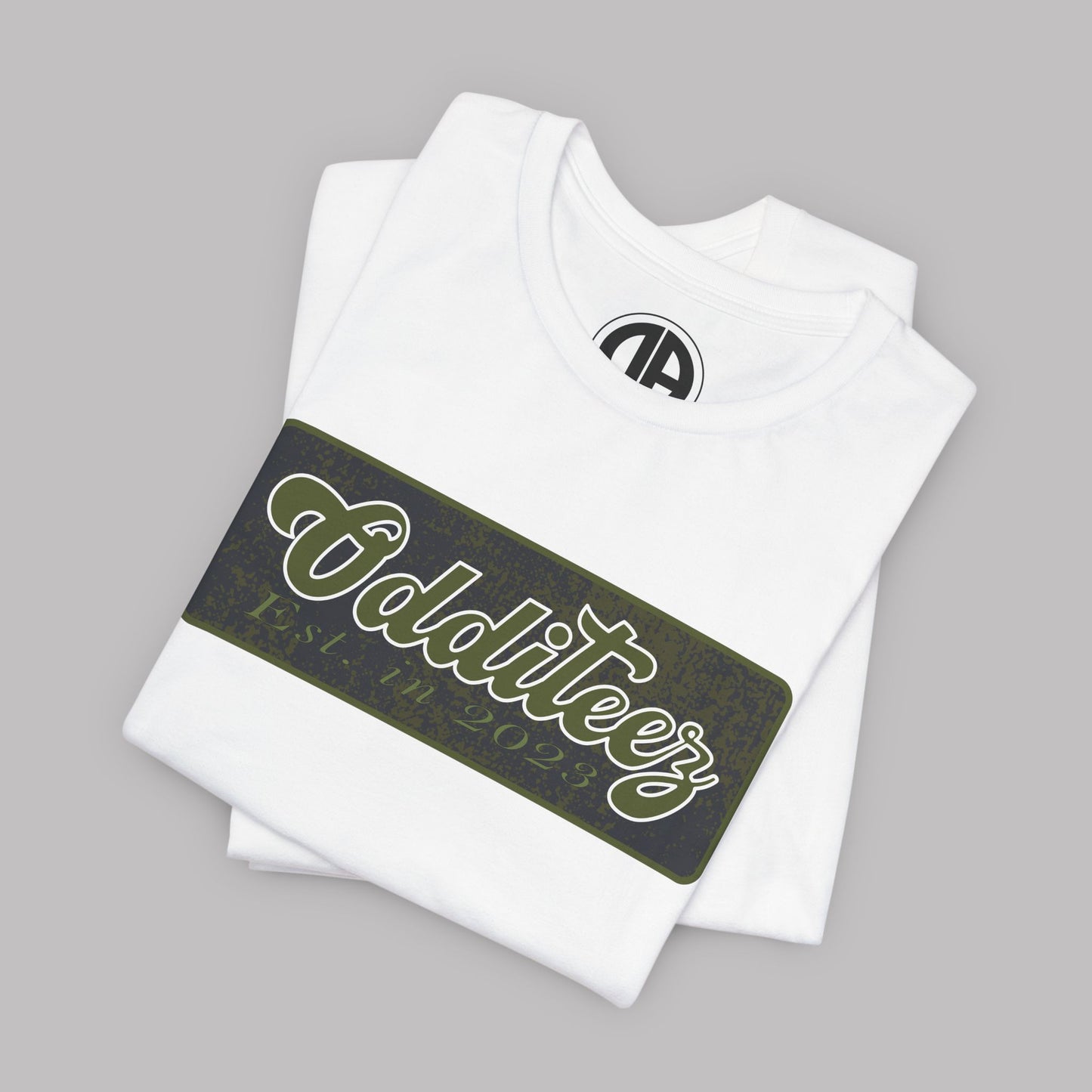 Vintage Military Green Odditeez Varsity Letters rectangular logo design, Unisex Adult Short-Sleeve Graphic Print T-Shirts