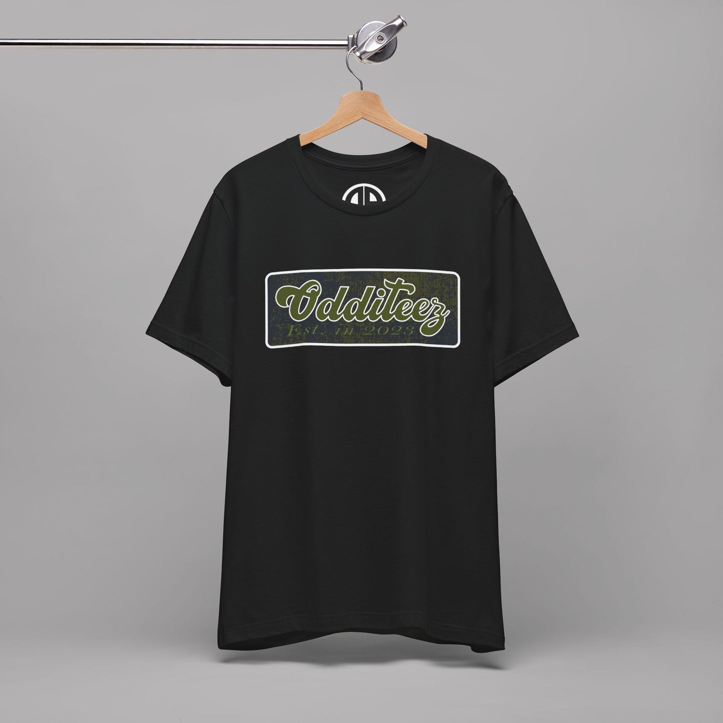 Vintage Military Green Odditeez Varsity Letters rectangular logo design, Unisex Adult Short-Sleeve Graphic Print T-Shirts
