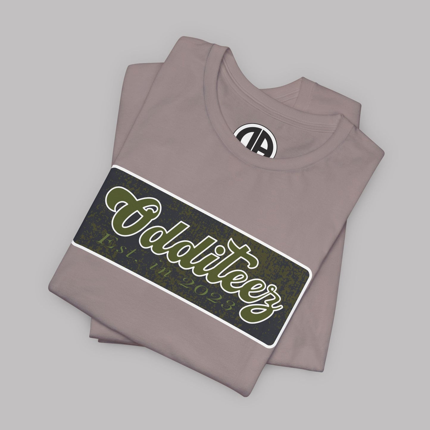 Vintage Military Green Odditeez Varsity Letters rectangular logo design, Unisex Adult Short-Sleeve Graphic Print T-Shirts