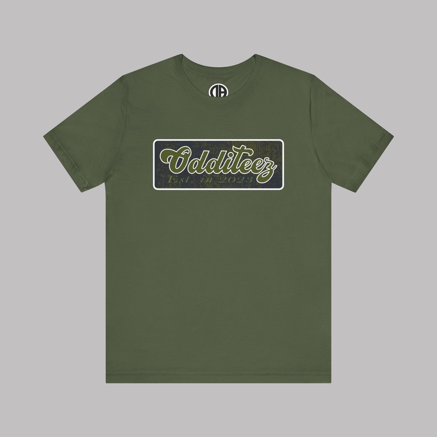 Vintage Military Green Odditeez Varsity Letters rectangular logo design, Unisex Adult Short-Sleeve Graphic Print T-Shirts