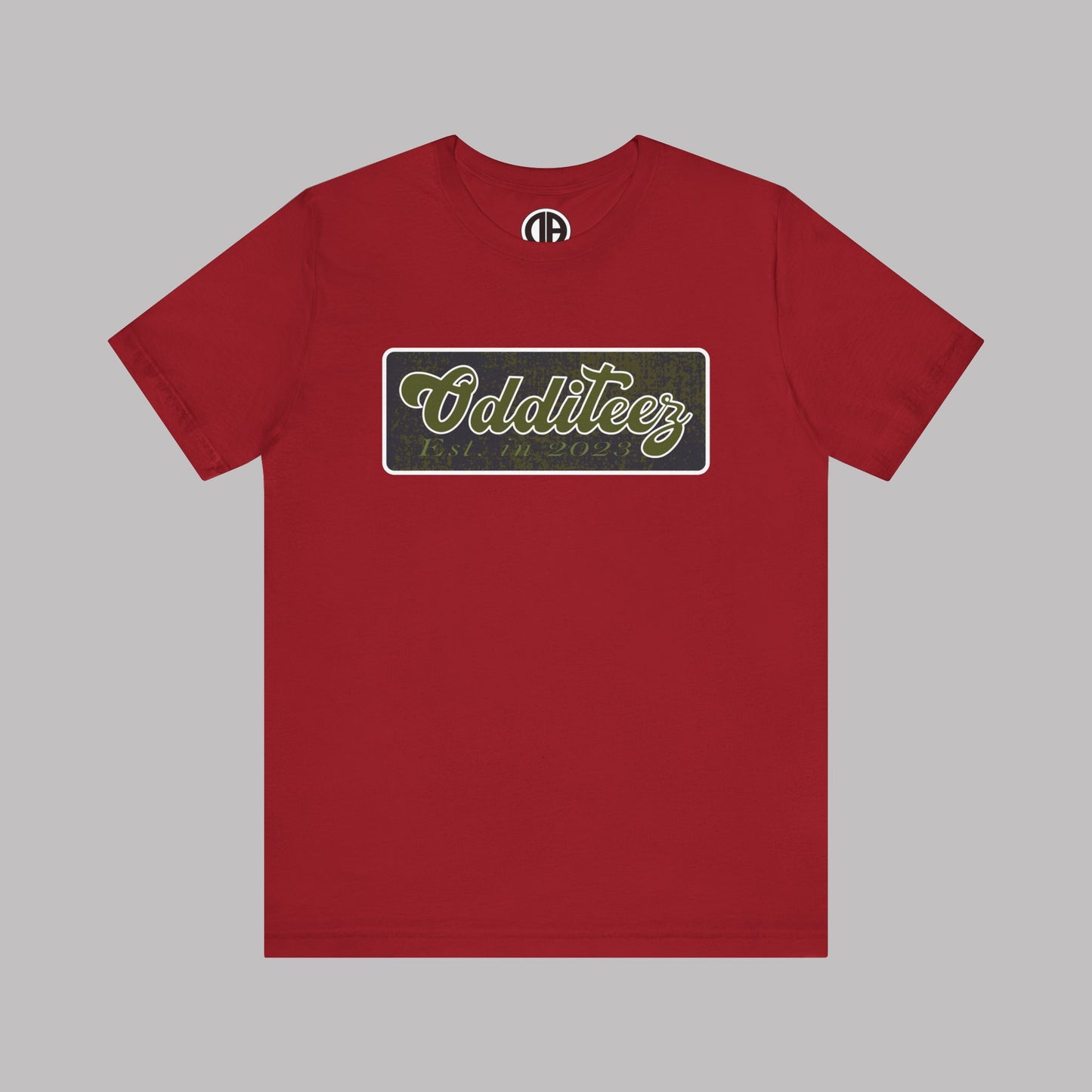 Vintage Military Green Odditeez Varsity Letters rectangular logo design, Unisex Adult Short-Sleeve Graphic Print T-Shirts