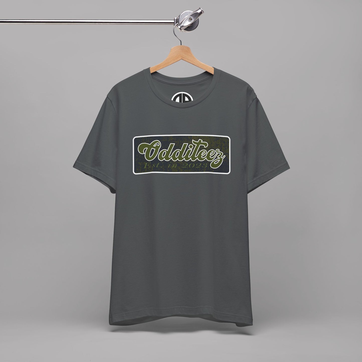 Vintage Military Green Odditeez Varsity Letters rectangular logo design, Unisex Adult Short-Sleeve Graphic Print T-Shirts