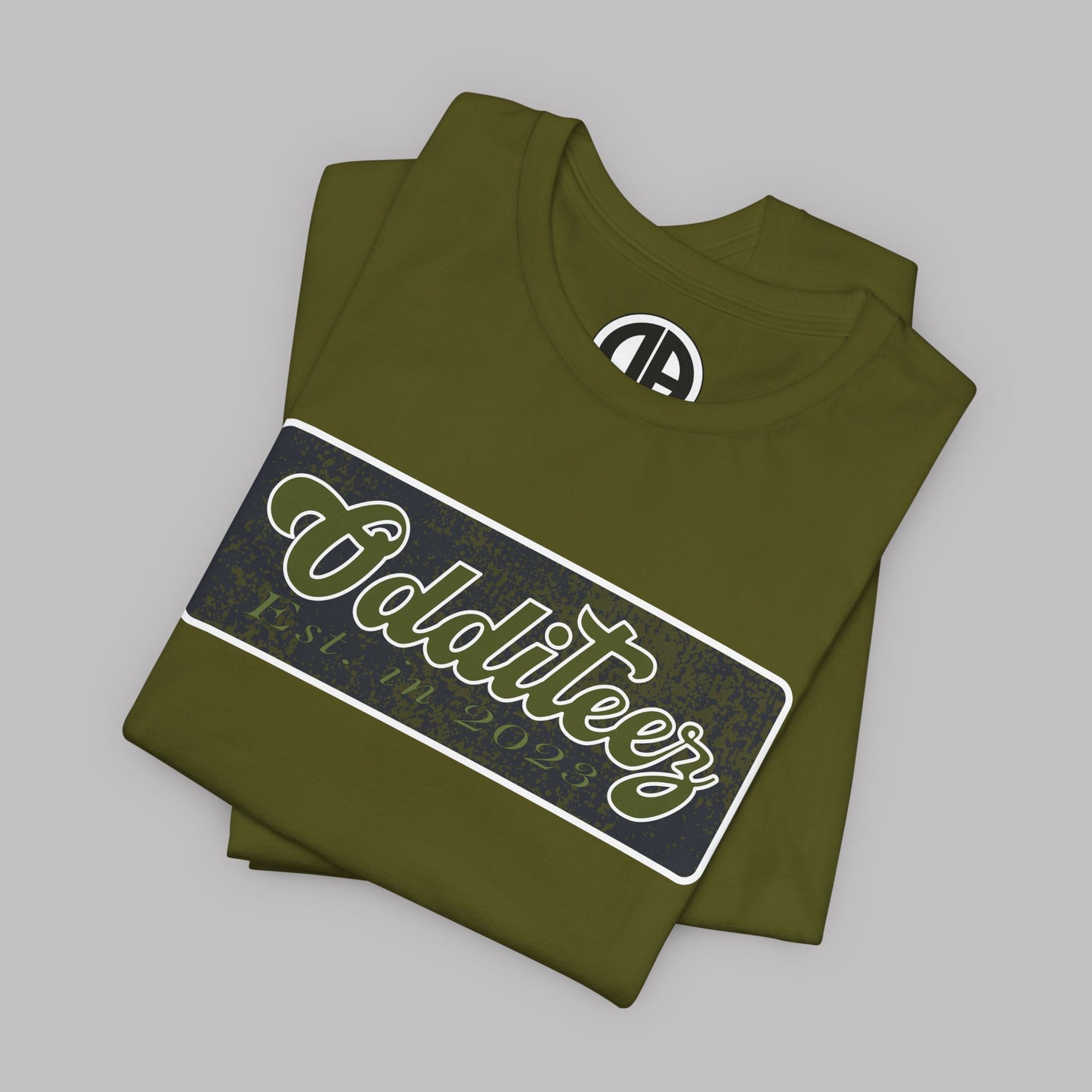 Vintage Military Green Odditeez Varsity Letters rectangular logo design, Unisex Adult Short-Sleeve Graphic Print T-Shirts