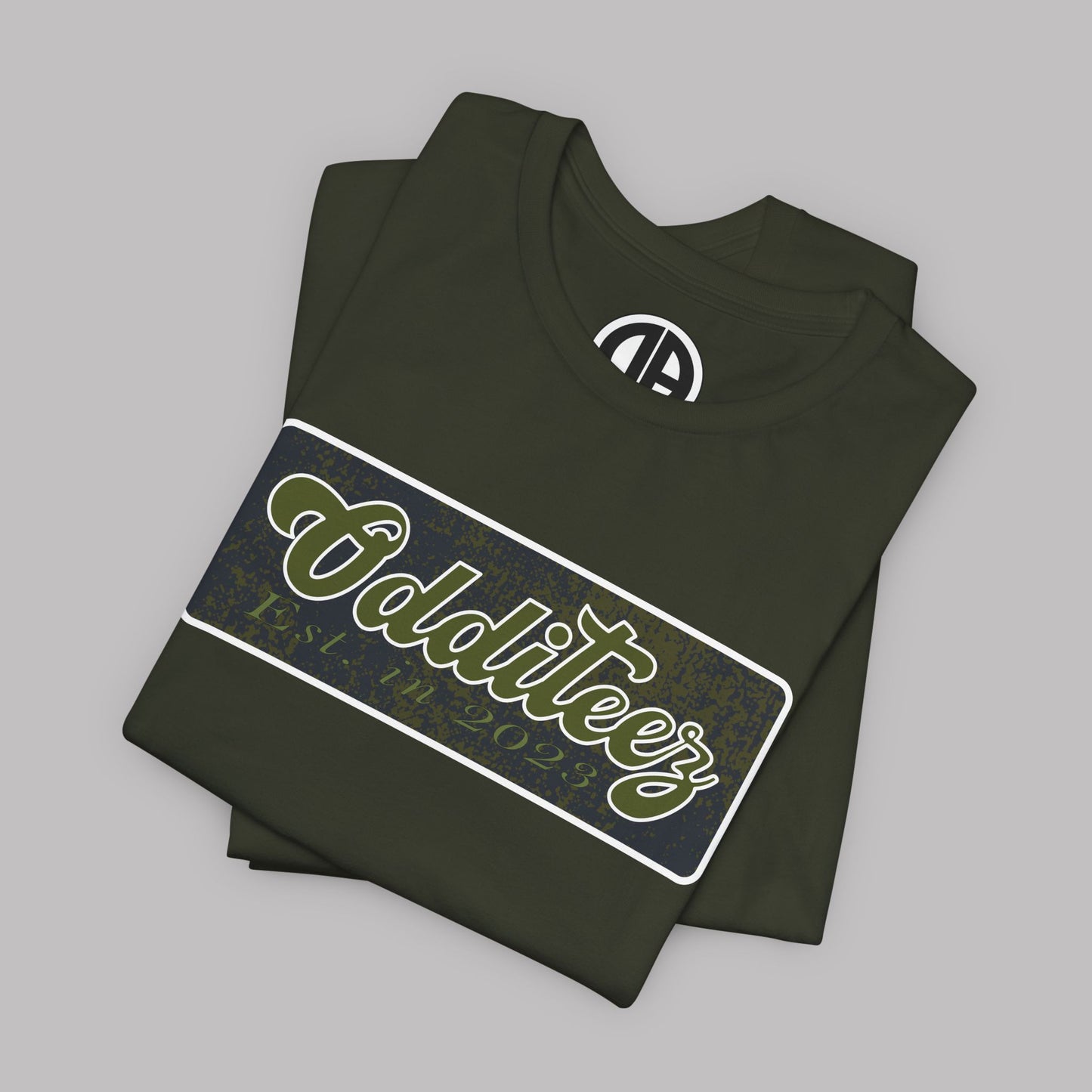 Vintage Military Green Odditeez Varsity Letters rectangular logo design, Unisex Adult Short-Sleeve Graphic Print T-Shirts