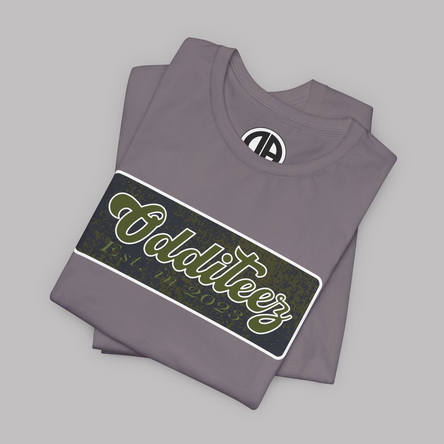 Vintage Military Green Odditeez Varsity Letters rectangular logo design, Unisex Adult Short-Sleeve Graphic Print T-Shirts