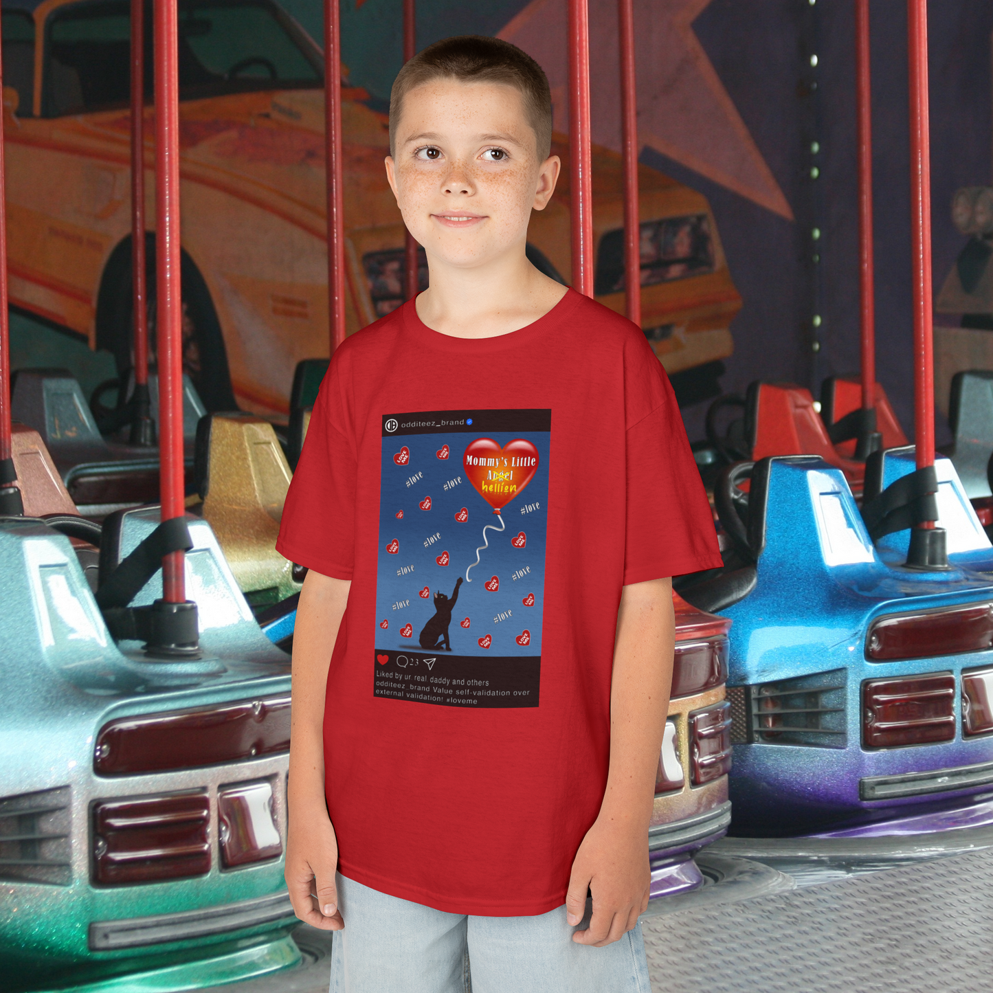 "Mommy's Little Hellion" Cat Post design, Unisex Kids' Short-Sleeve Heavy Cotton™ T-shirts