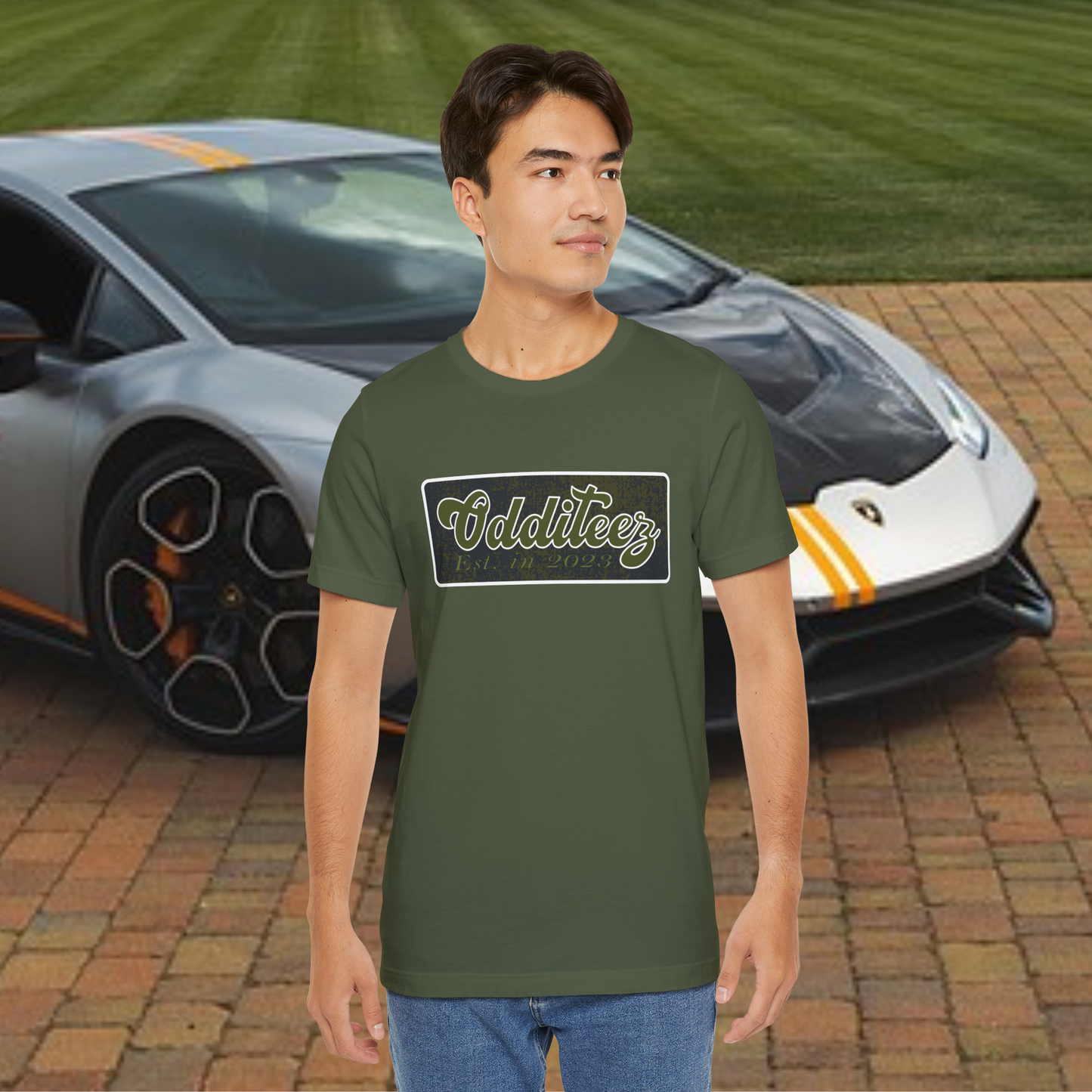 Vintage Military Green Odditeez Varsity Letters rectangular logo design, Unisex Adult Short-Sleeve Graphic Print T-Shirts