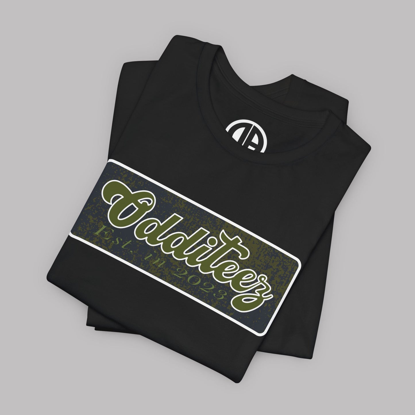 Vintage Military Green Odditeez Varsity Letters rectangular logo design, Unisex Adult Short-Sleeve Graphic Print T-Shirts