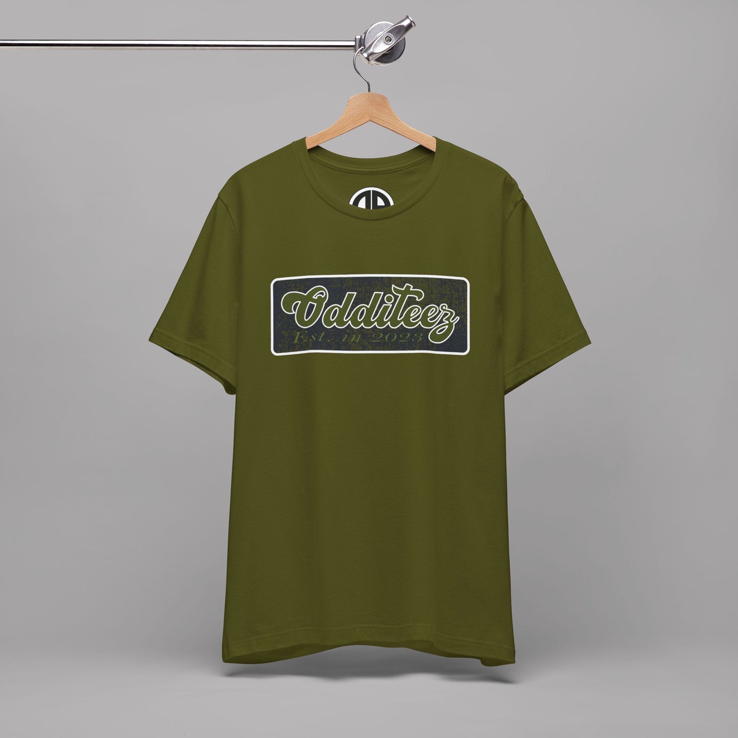 Vintage Military Green Odditeez Varsity Letters rectangular logo design, Unisex Adult Short-Sleeve Graphic Print T-Shirts