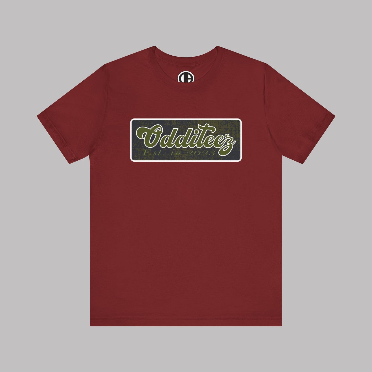 Vintage Military Green Odditeez Varsity Letters rectangular logo design, Unisex Adult Short-Sleeve Graphic Print T-Shirts