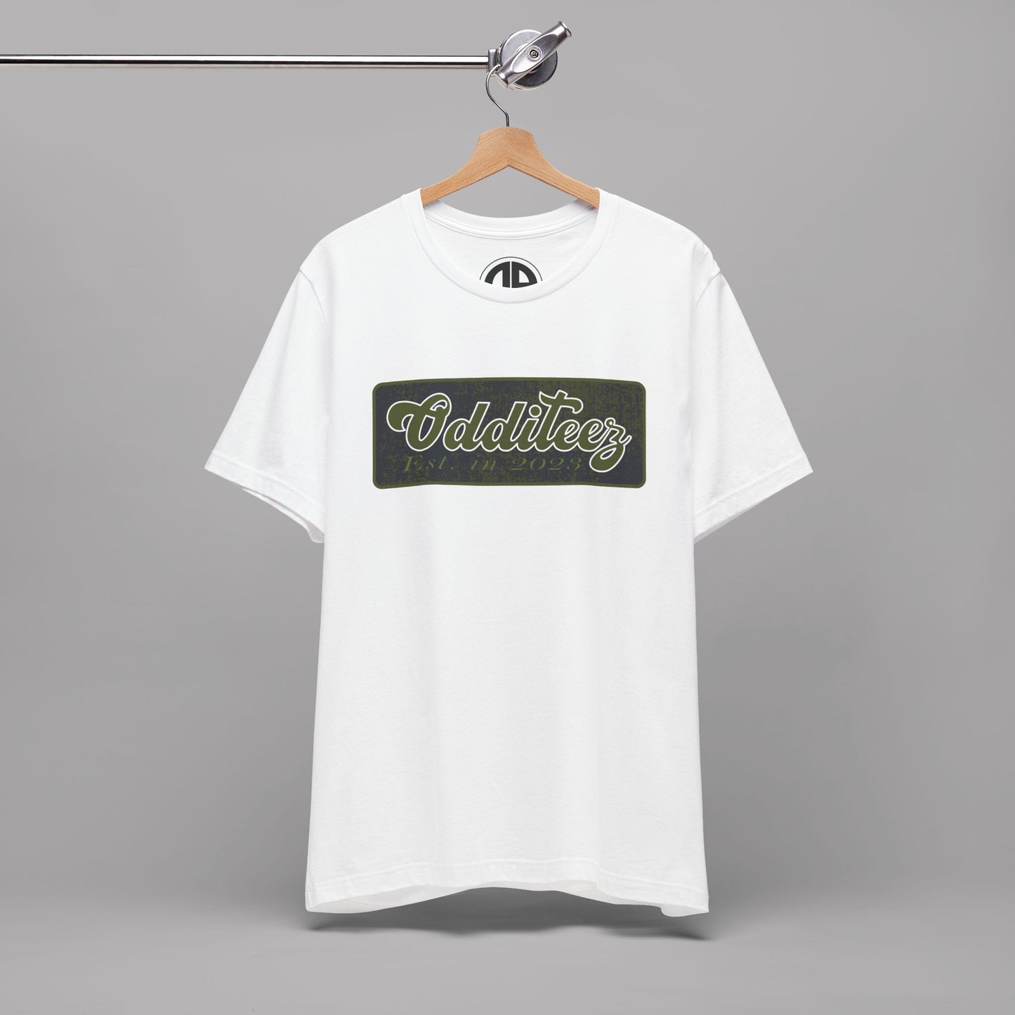 Vintage Military Green Odditeez Varsity Letters rectangular logo design, Unisex Adult Short-Sleeve Graphic Print T-Shirts