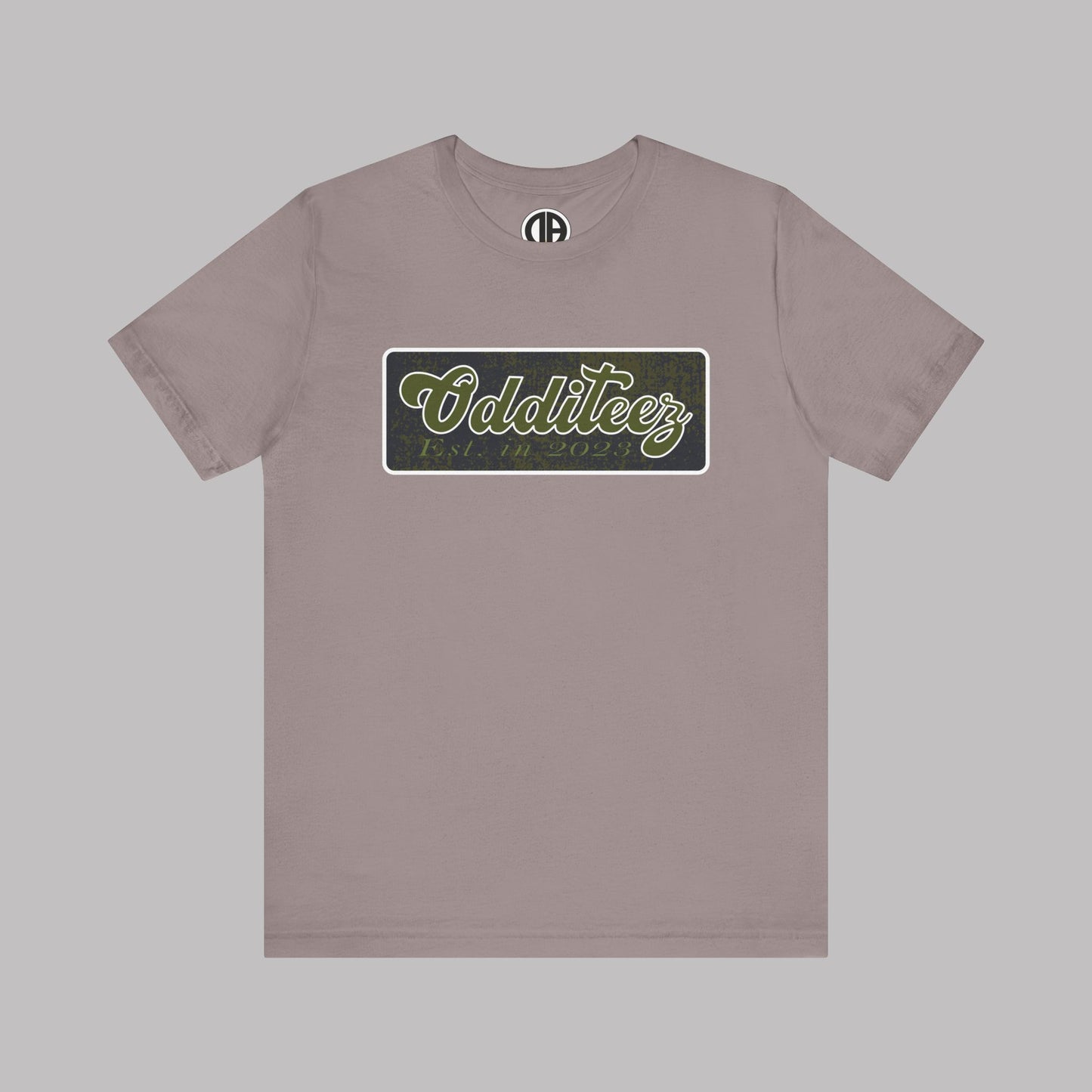 Vintage Military Green Odditeez Varsity Letters rectangular logo design, Unisex Adult Short-Sleeve Graphic Print T-Shirts