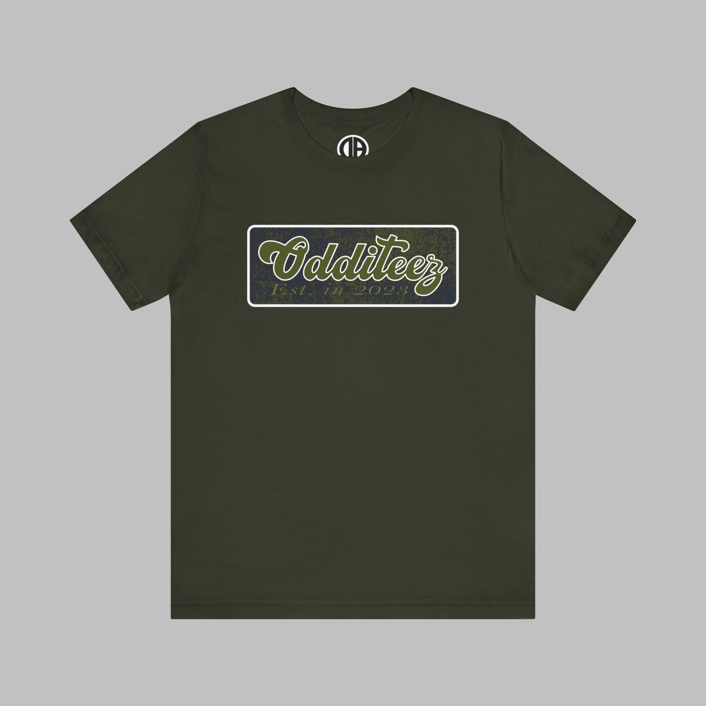 Vintage Military Green Odditeez Varsity Letters rectangular logo design, Unisex Adult Short-Sleeve Graphic Print T-Shirts