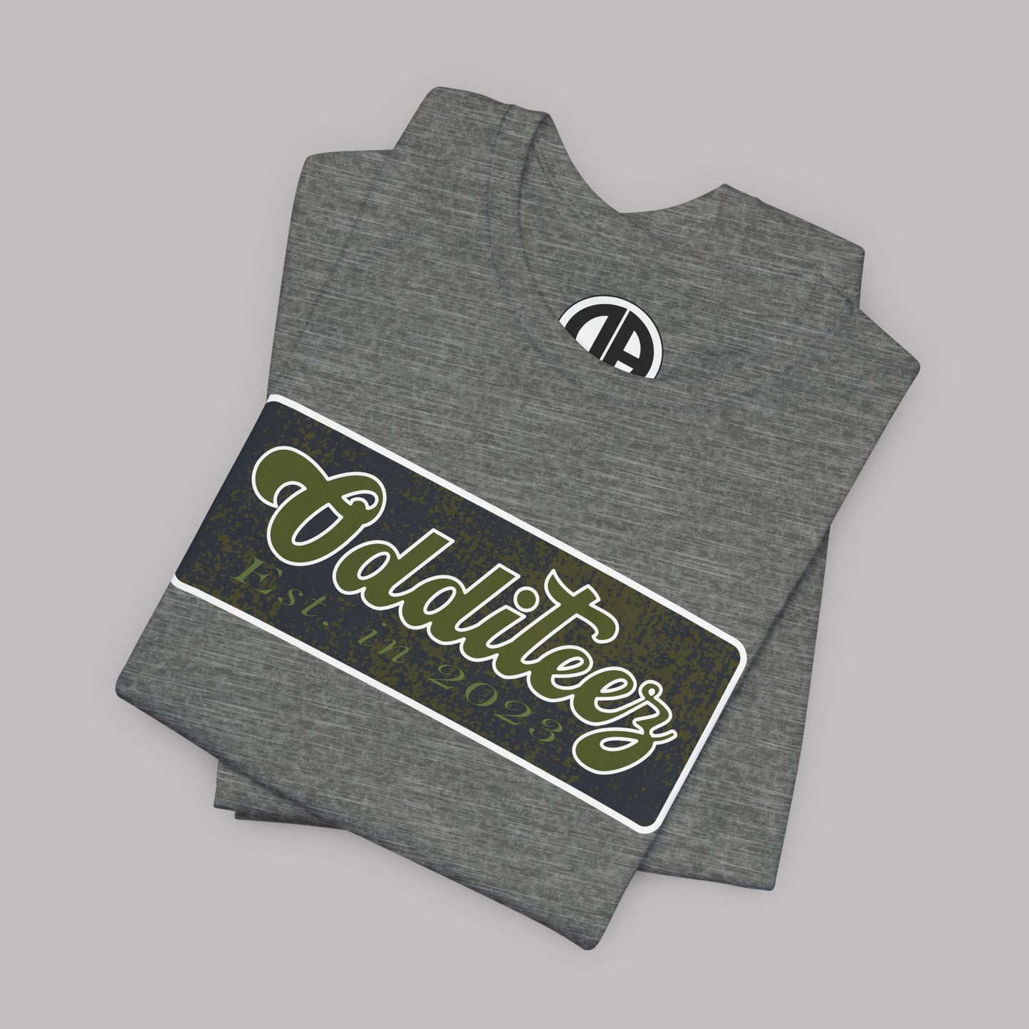 Vintage Military Green Odditeez Varsity Letters rectangular logo design, Unisex Adult Short-Sleeve Graphic Print T-Shirts