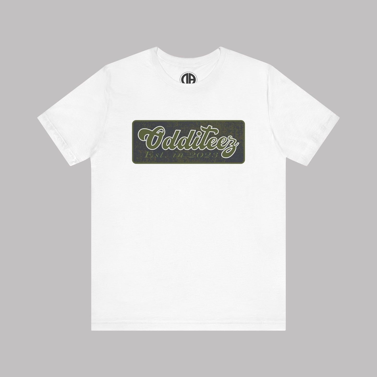 Vintage Military Green Odditeez Varsity Letters rectangular logo design, Unisex Adult Short-Sleeve Graphic Print T-Shirts