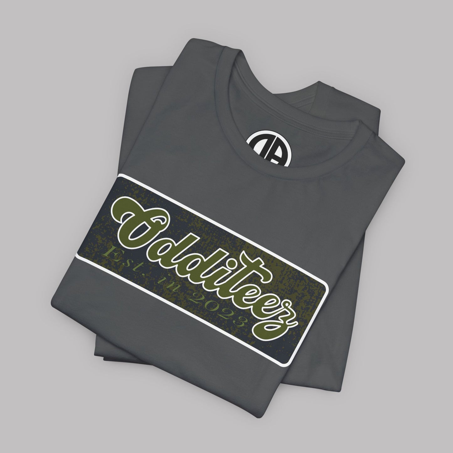 Vintage Military Green Odditeez Varsity Letters rectangular logo design, Unisex Adult Short-Sleeve Graphic Print T-Shirts
