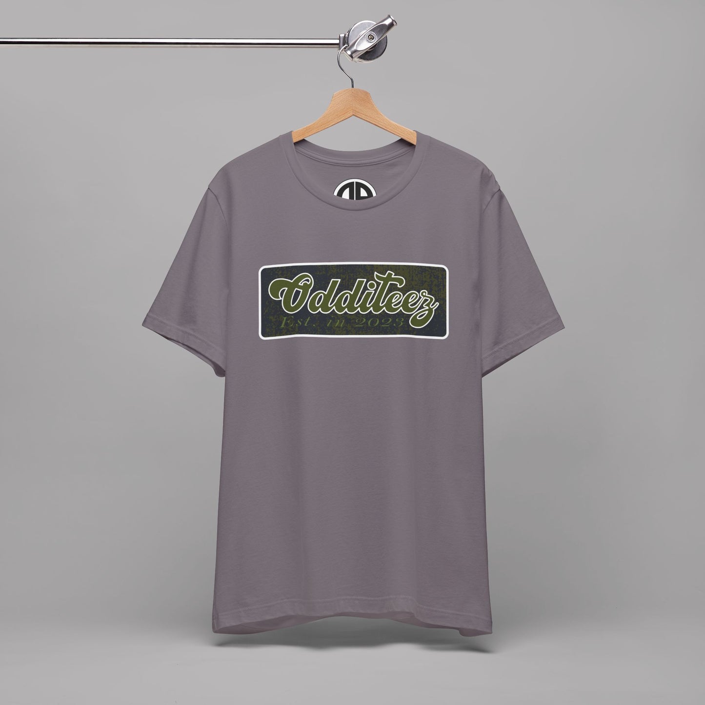 Vintage Military Green Odditeez Varsity Letters rectangular logo design, Unisex Adult Short-Sleeve Graphic Print T-Shirts