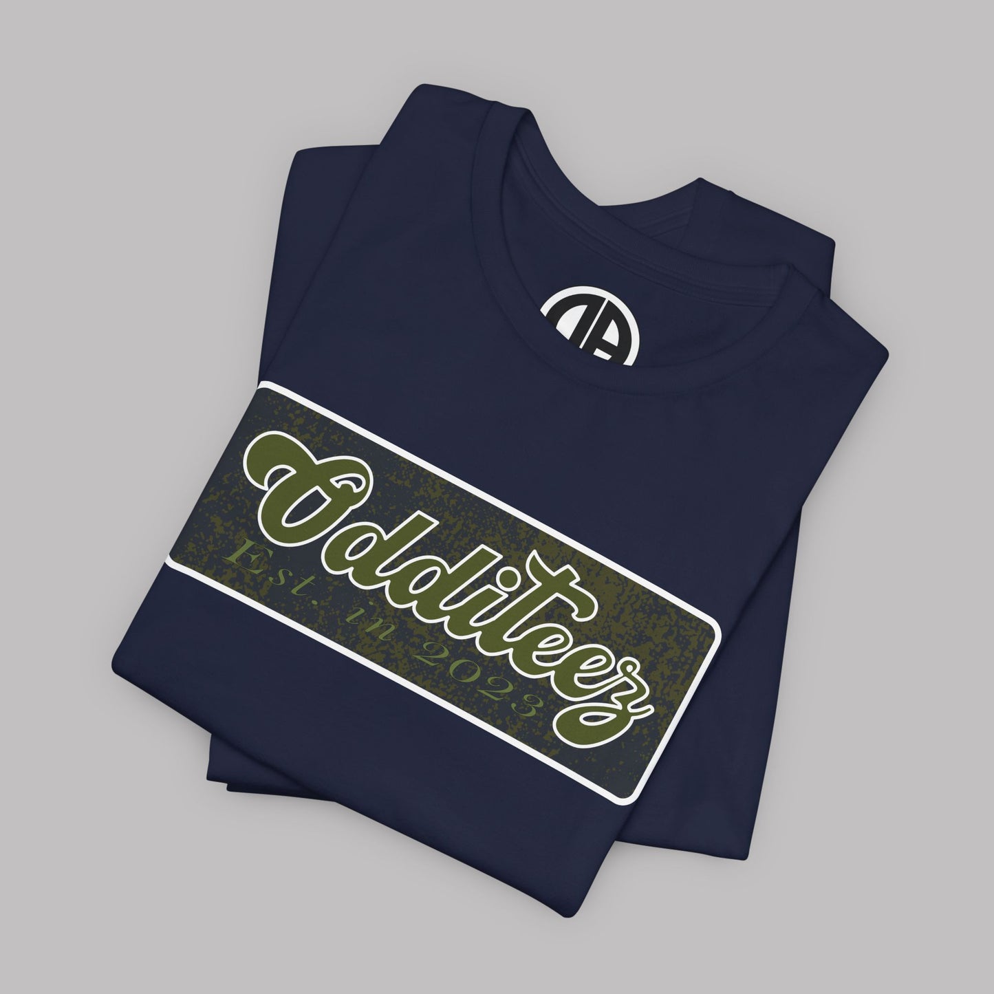 Vintage Military Green Odditeez Varsity Letters rectangular logo design, Unisex Adult Short-Sleeve Graphic Print T-Shirts