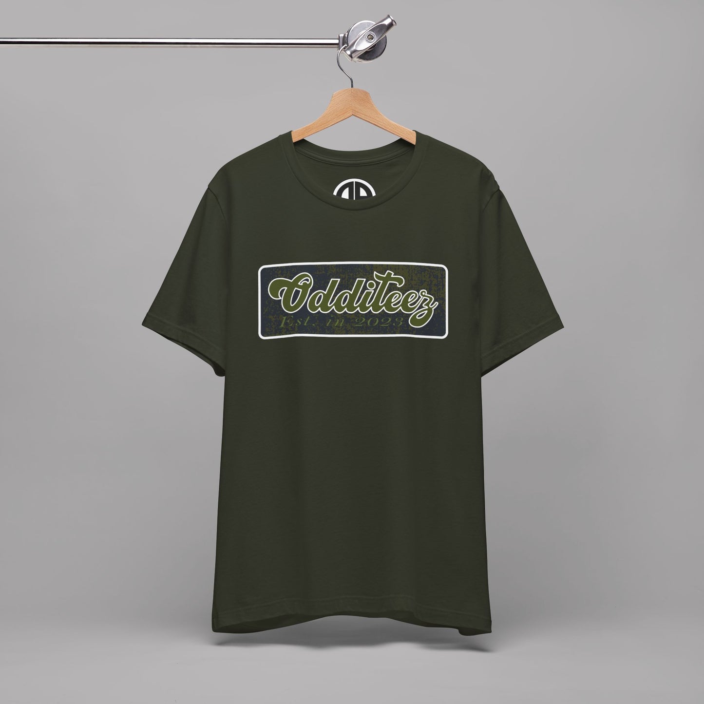 Vintage Military Green Odditeez Varsity Letters rectangular logo design, Unisex Adult Short-Sleeve Graphic Print T-Shirts