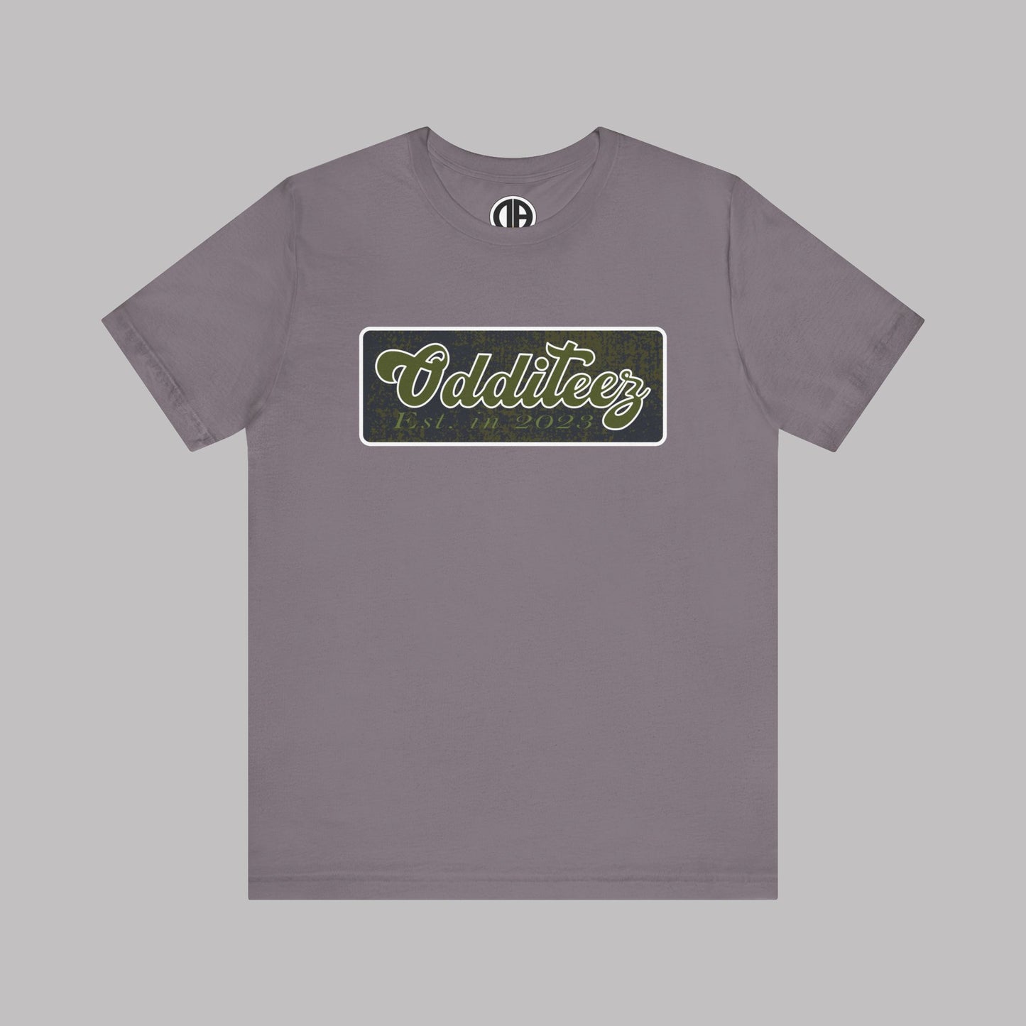Vintage Military Green Odditeez Varsity Letters rectangular logo design, Unisex Adult Short-Sleeve Graphic Print T-Shirts