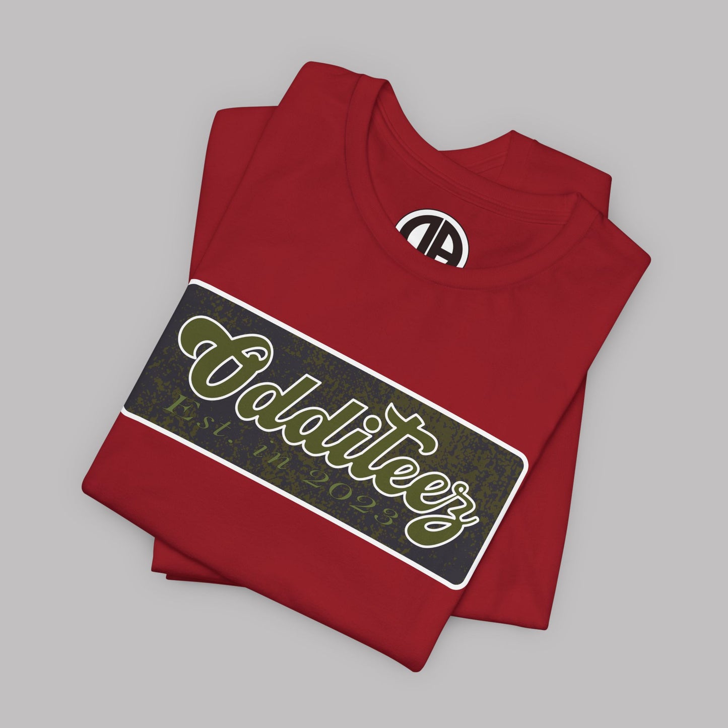 Vintage Military Green Odditeez Varsity Letters rectangular logo design, Unisex Adult Short-Sleeve Graphic Print T-Shirts