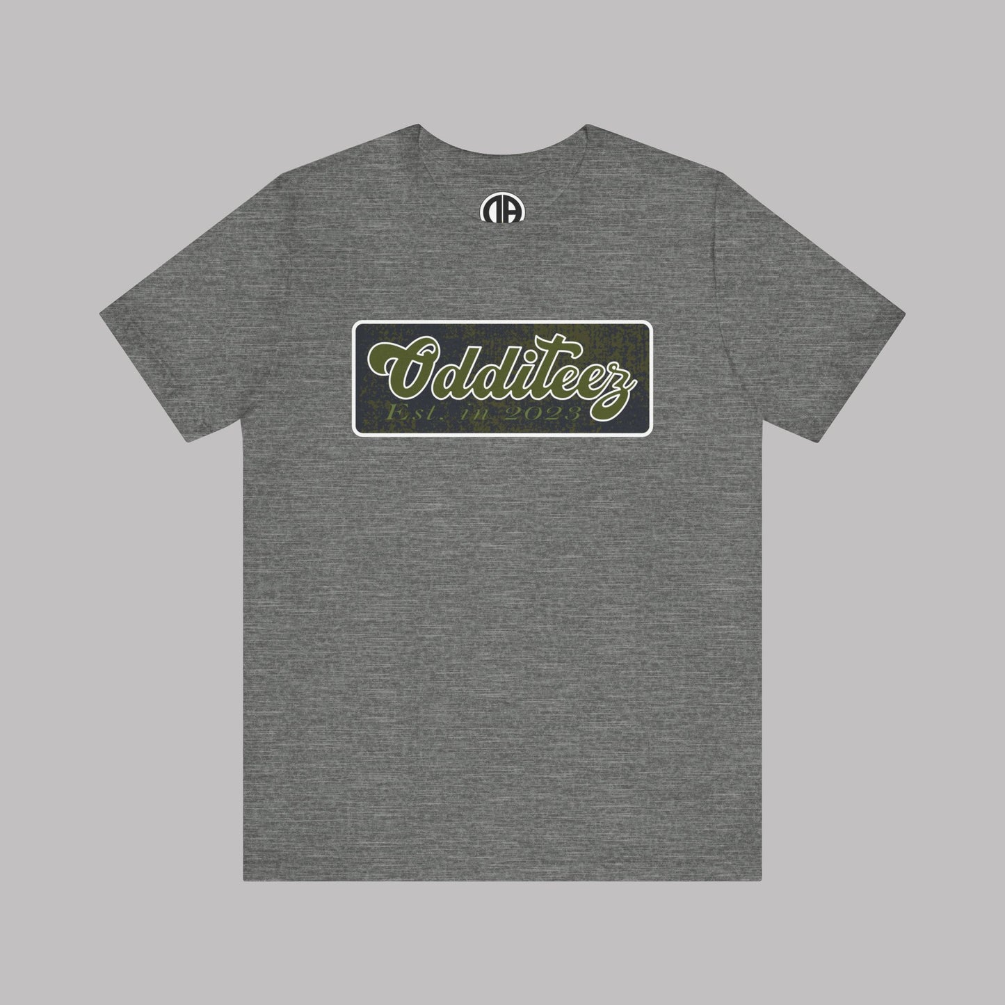 Vintage Military Green Odditeez Varsity Letters rectangular logo design, Unisex Adult Short-Sleeve Graphic Print T-Shirts