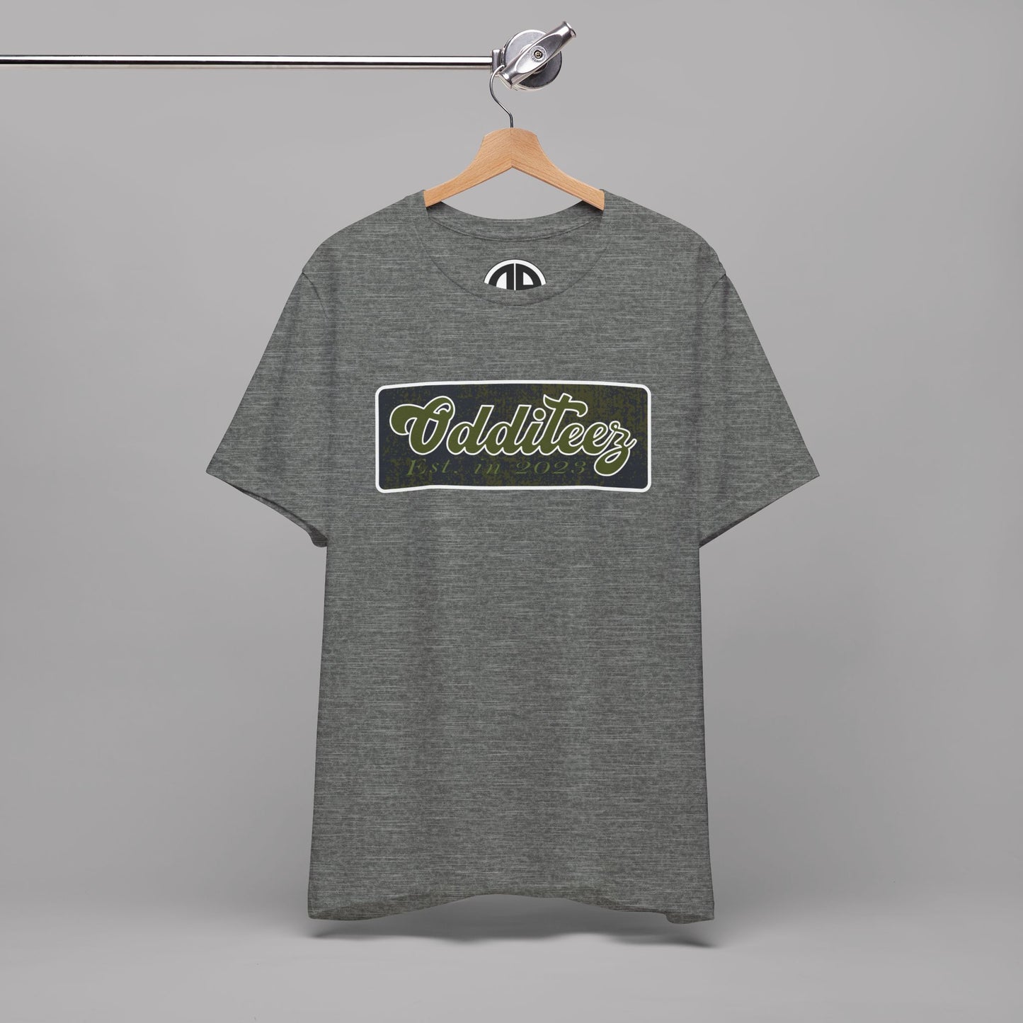 Vintage Military Green Odditeez Varsity Letters rectangular logo design, Unisex Adult Short-Sleeve Graphic Print T-Shirts