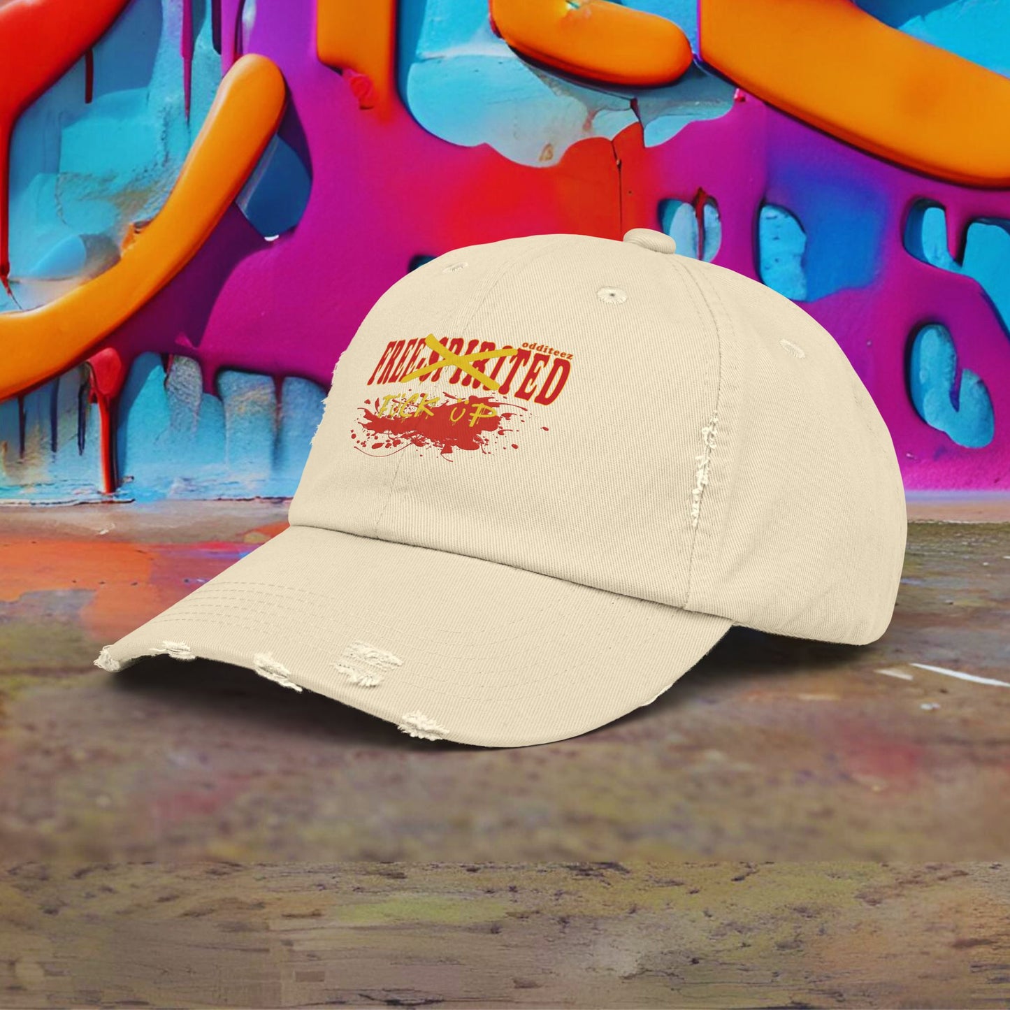 "Free-Spirited" Dark Red & Yellow Graffiti Spraypainted logo design, Unisex Distressed Baseball Caps