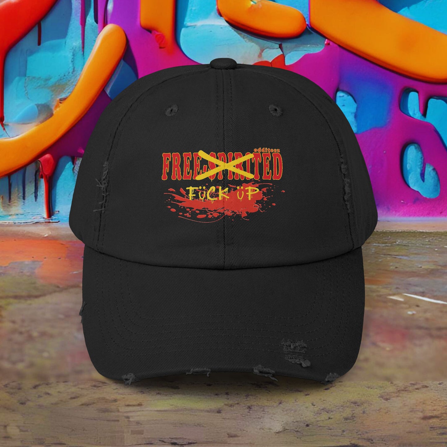 "Free-Spirited" Dark Red & Yellow Graffiti Spraypainted logo design, Unisex Distressed Baseball Caps