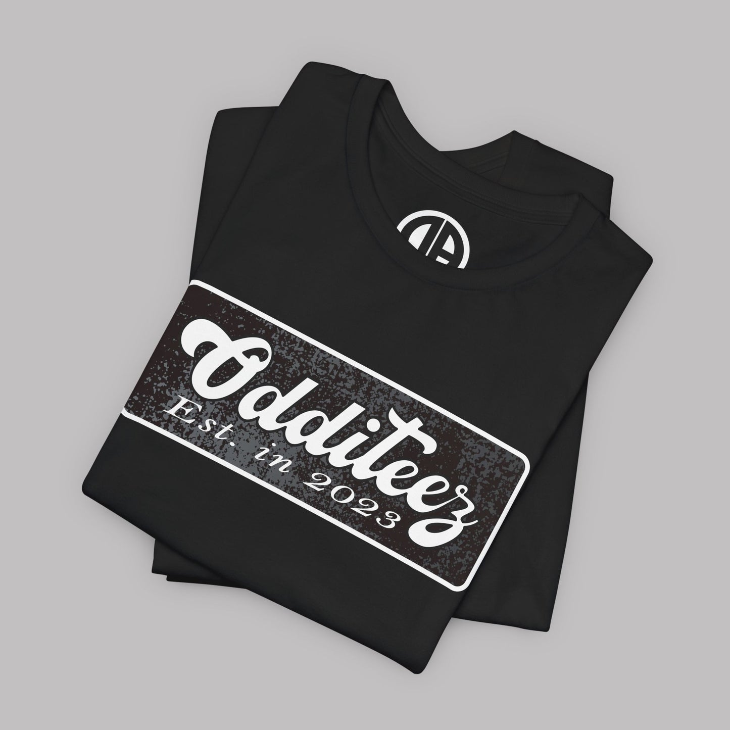 Vintage White Odditeez Varsity Letters rectangular logo design, Unisex Adult Short-Sleeve Graphic Print T-Shirts