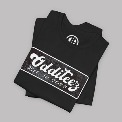 Vintage White Odditeez Varsity Letters rectangular logo design, Unisex Adult Short-Sleeve Graphic Print T-Shirts