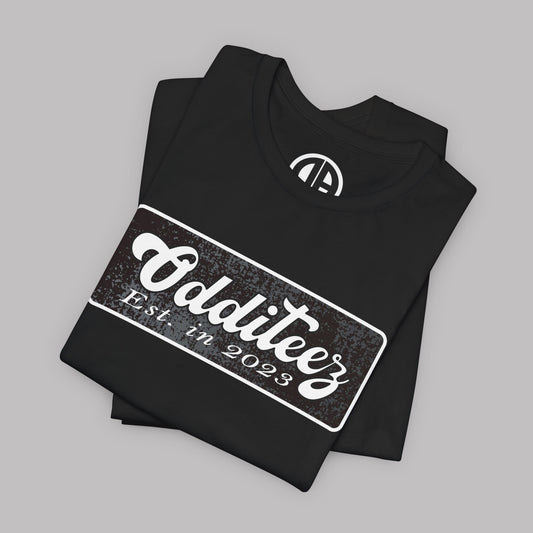 Vintage White Odditeez Varsity Letters rectangular logo design, Unisex Adult Short-Sleeve Graphic Print T-Shirts