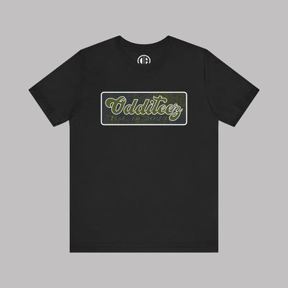 Vintage Military Green Odditeez Varsity Letters rectangular logo design, Unisex Adult Short-Sleeve Graphic Print T-Shirts