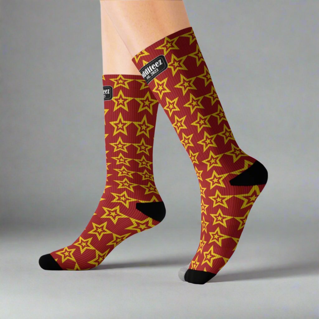 Yellow Star logo design, Dark Red Unisex Calf-Length Sublimation Socks, 1 pair