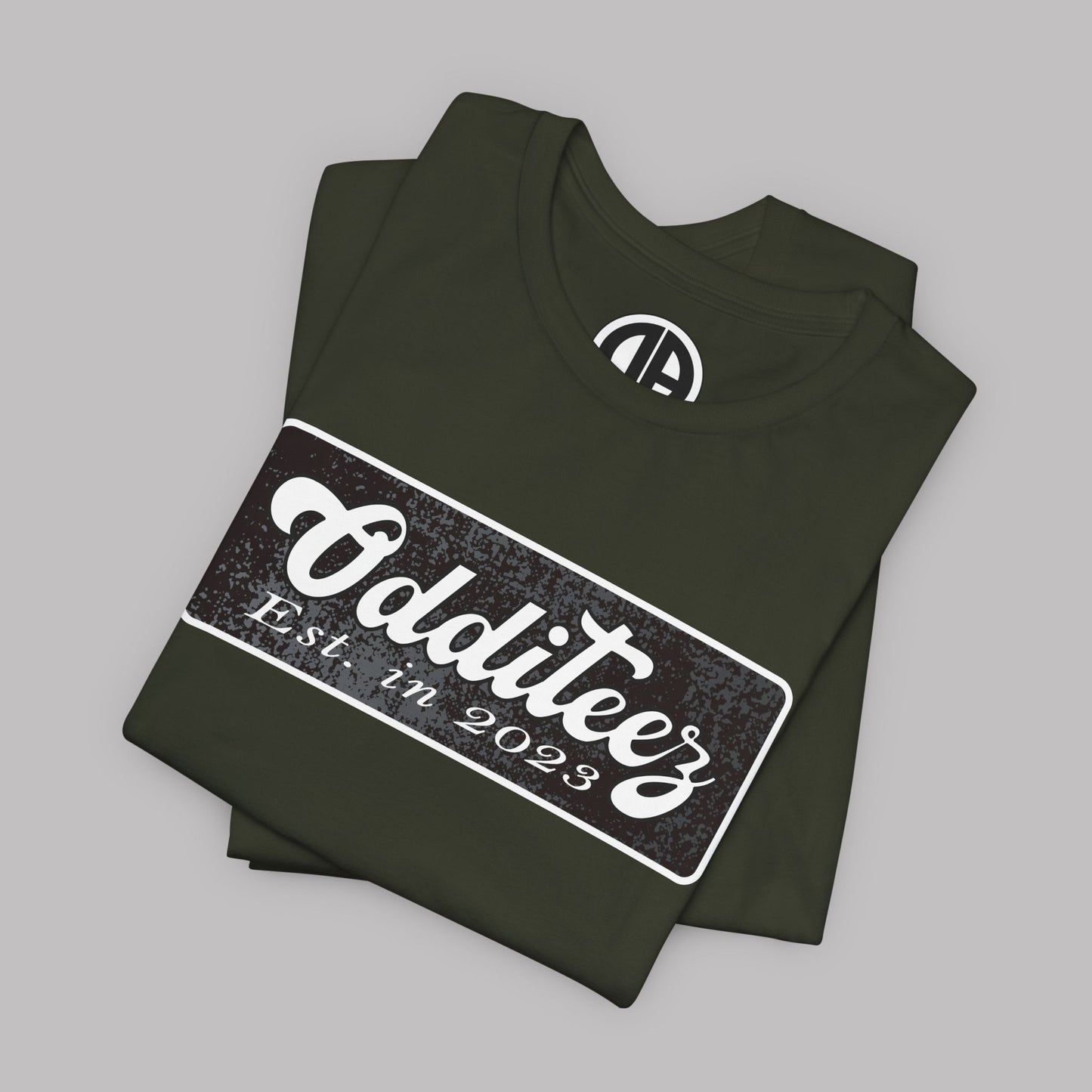 Vintage White Odditeez Varsity Letters rectangular logo design, Unisex Adult Short-Sleeve Graphic Print T-Shirts