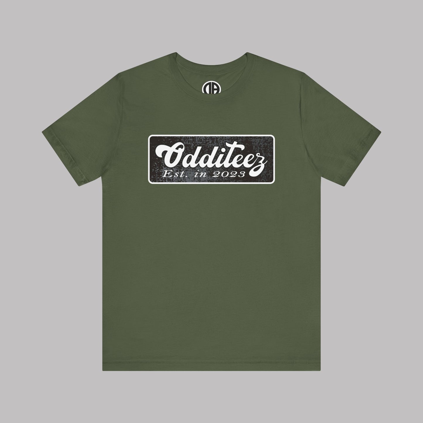 Vintage White Odditeez Varsity Letters rectangular logo design, Unisex Adult Short-Sleeve Graphic Print T-Shirts