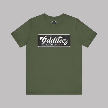 Vintage White Odditeez Varsity Letters rectangular logo design, Unisex Adult Short-Sleeve Graphic Print T-Shirts