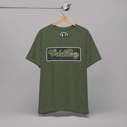 Vintage Military Green Odditeez Varsity Letters rectangular logo design, Unisex Adult Short-Sleeve Graphic Print T-Shirts