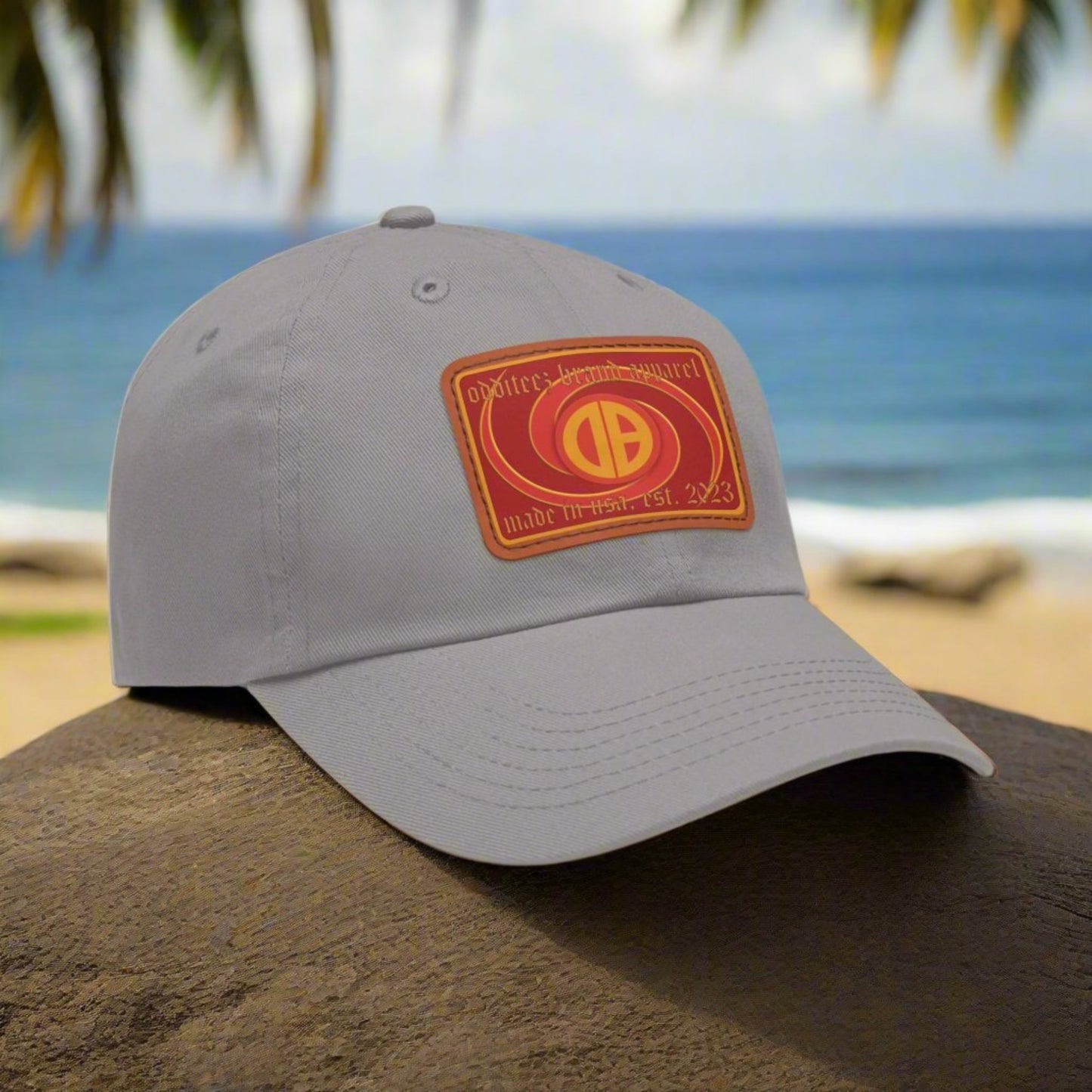 Psychedelic Swirly 3D effect logo design, Unisex Dad Hat with Red Rectangular Leather Patch