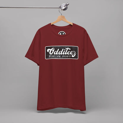 Vintage White Odditeez Varsity Letters rectangular logo design, Unisex Adult Short-Sleeve Graphic Print T-Shirts