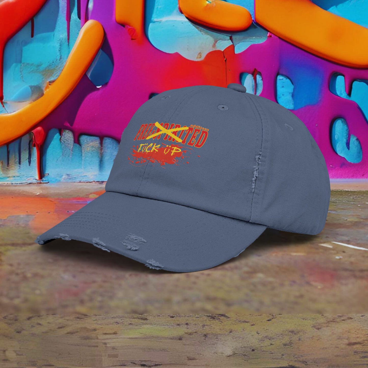 "Free-Spirited" Dark Red & Yellow Graffiti Spraypainted logo design, Unisex Distressed Baseball Caps