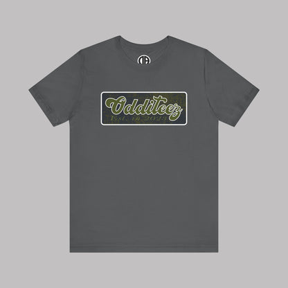 Vintage Military Green Odditeez Varsity Letters rectangular logo design, Unisex Adult Short-Sleeve Graphic Print T-Shirts