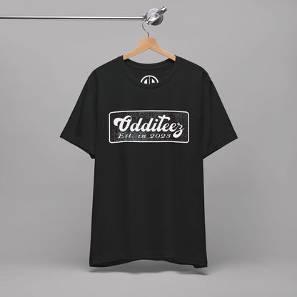 Vintage White Odditeez Varsity Letters rectangular logo design, Unisex Adult Short-Sleeve Graphic Print T-Shirts