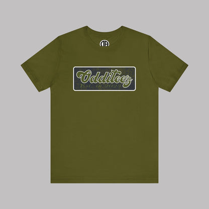Vintage Military Green Odditeez Varsity Letters rectangular logo design, Unisex Adult Short-Sleeve Graphic Print T-Shirts